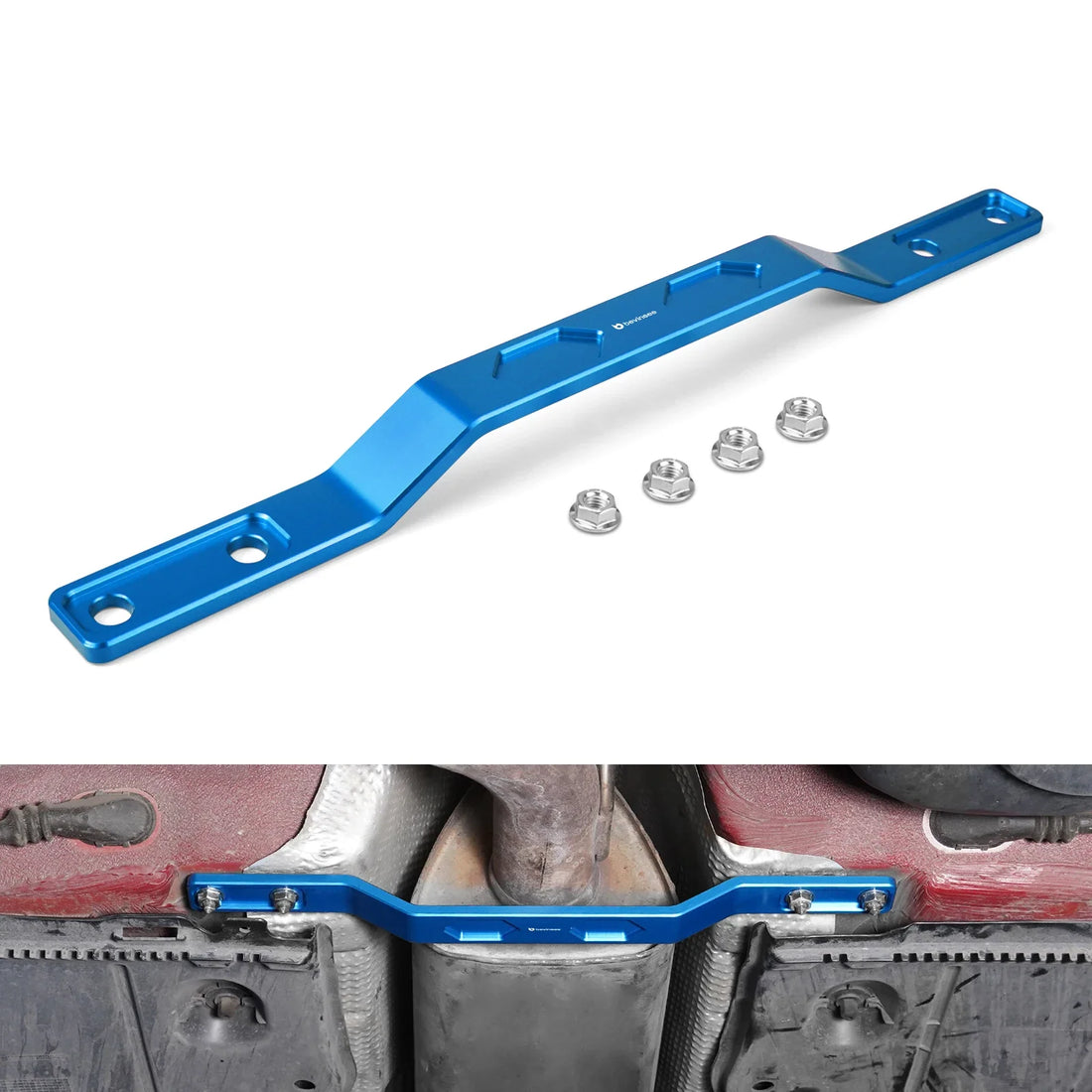 Rear tunnel brace for VW MQB in black, red and blue