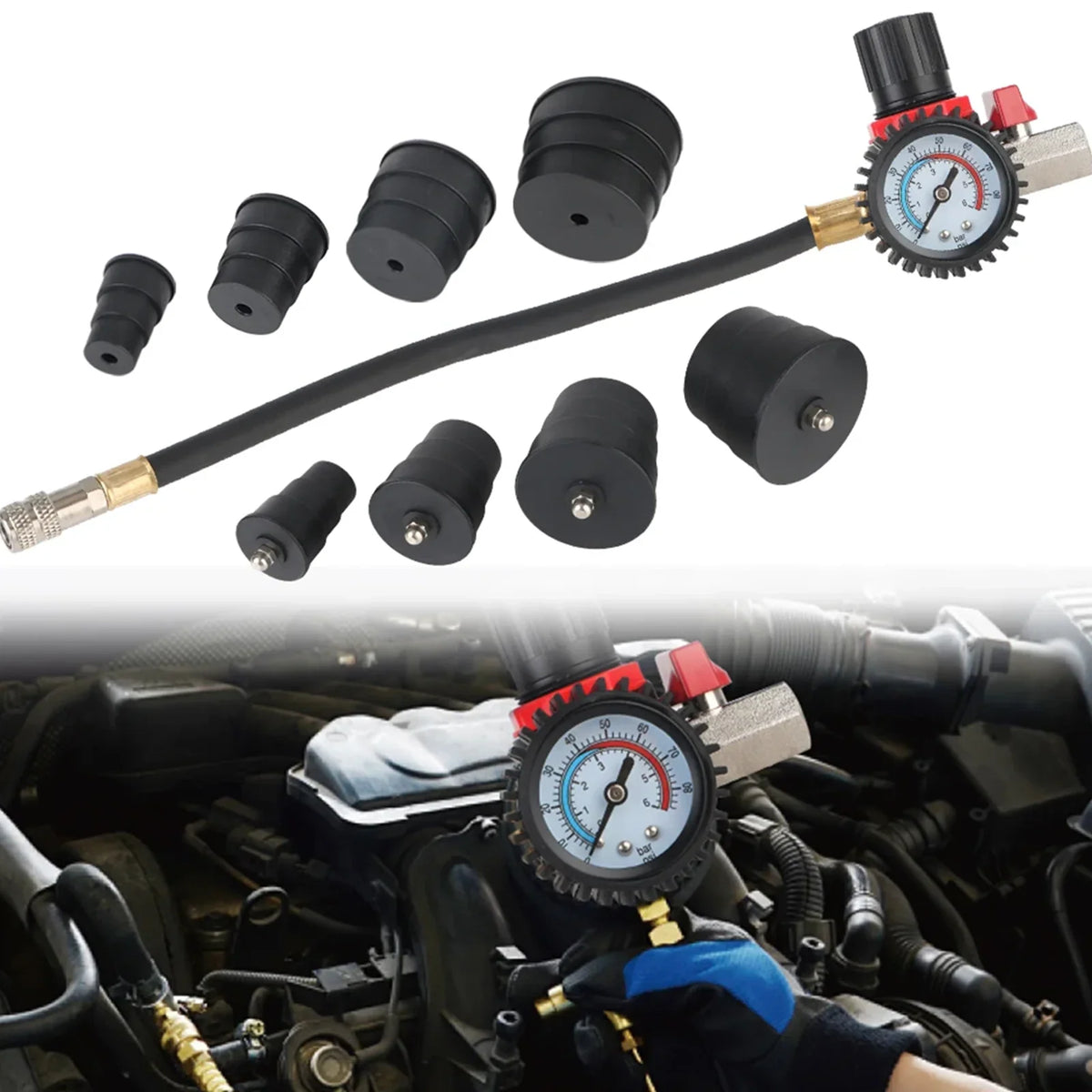 9-piece turbo boost leak tester kit with 90 PSI gauge