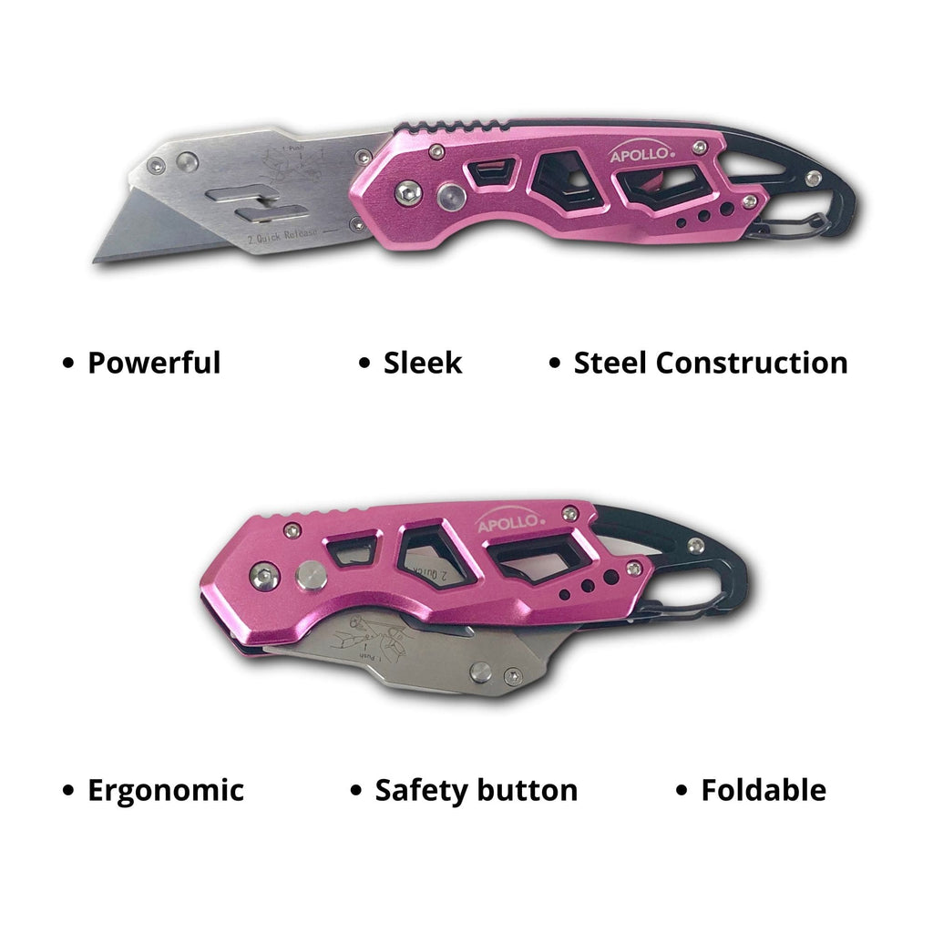 Ergonomic Stainless Steel, Lightweight, Foldable Pink Utility Knife with Carabiner Clip and Fast-Change Blade - DT5017P