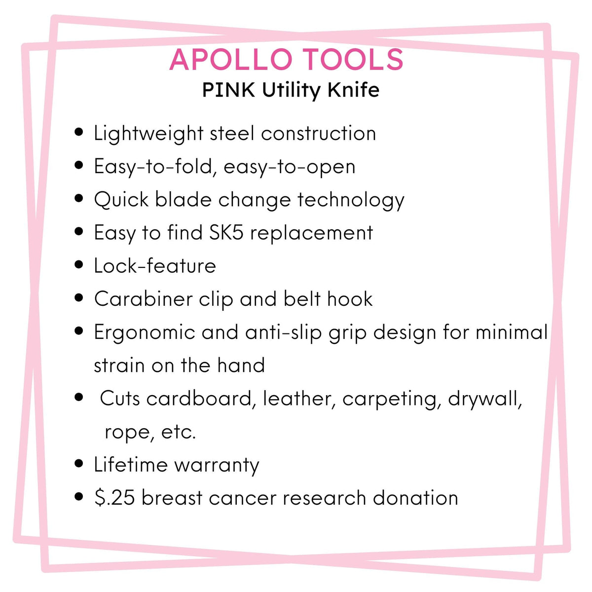 Ergonomic Stainless Steel, Lightweight, Foldable Pink Utility Knife with Carabiner Clip and Fast-Change Blade - DT5017P