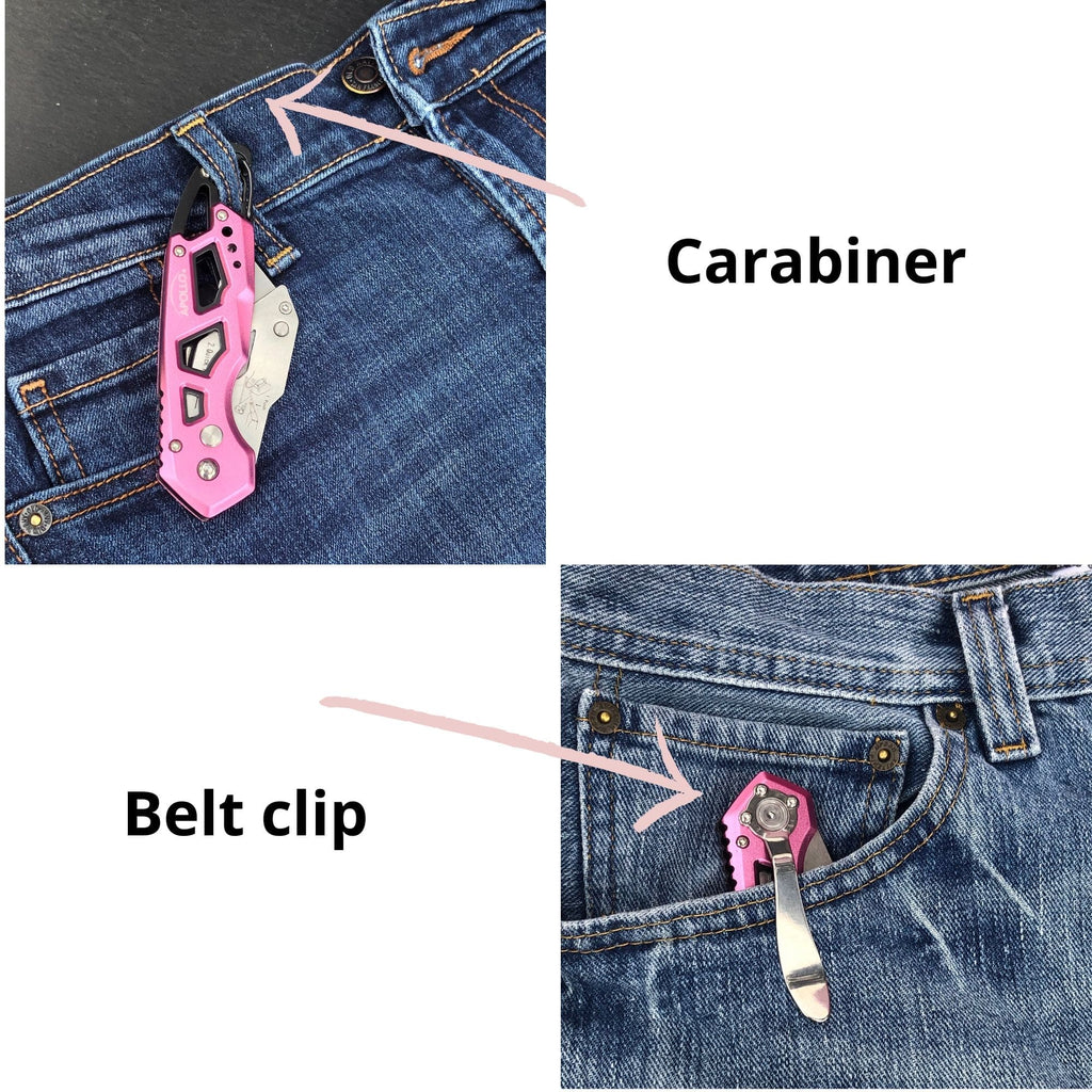 Ergonomic Stainless Steel, Lightweight, Foldable Pink Utility Knife with Carabiner Clip and Fast-Change Blade - DT5017P