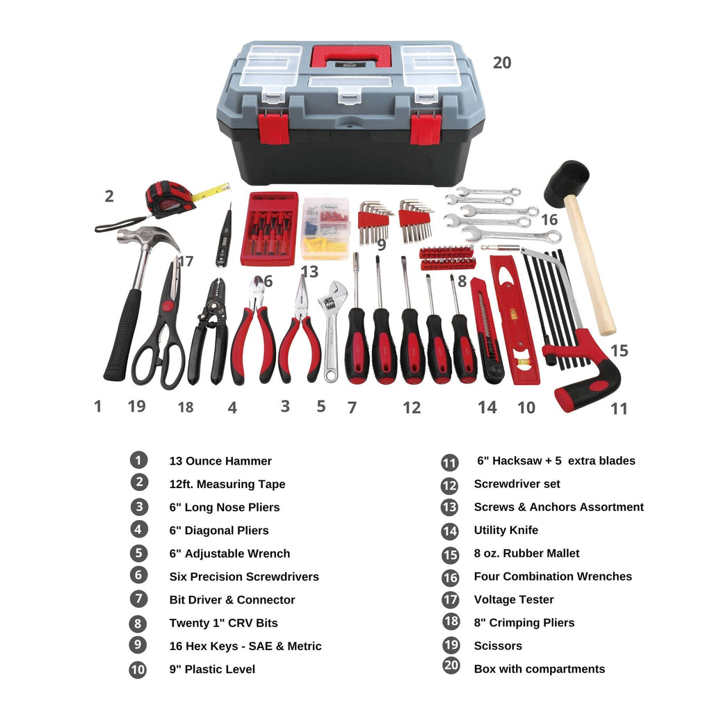 Red 170 Piece Household Tool Kit with New and Improved Tool Box - DT7103