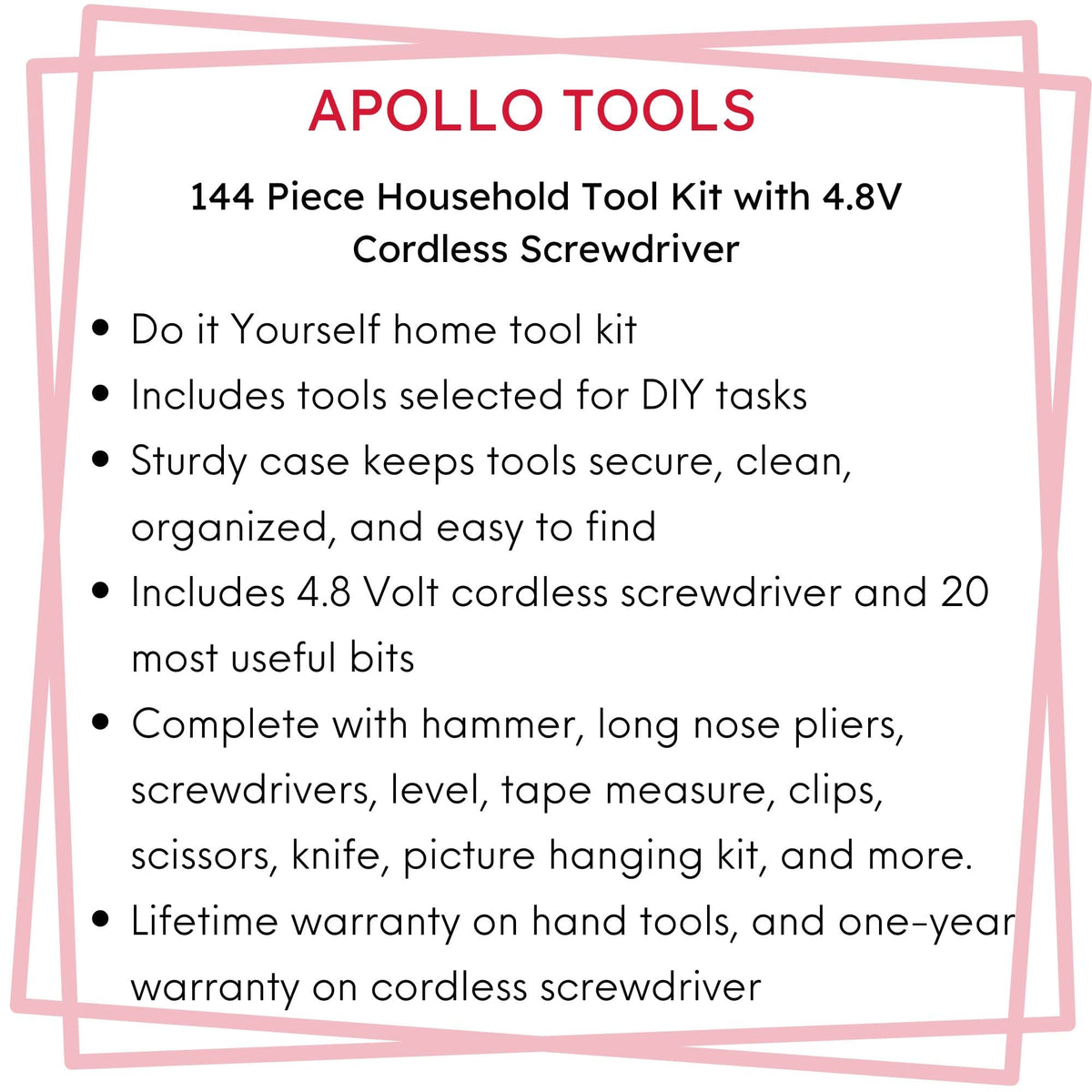 144 Piece Household Tool Kit with 4.8V Cordless Screwdriver - DT8422