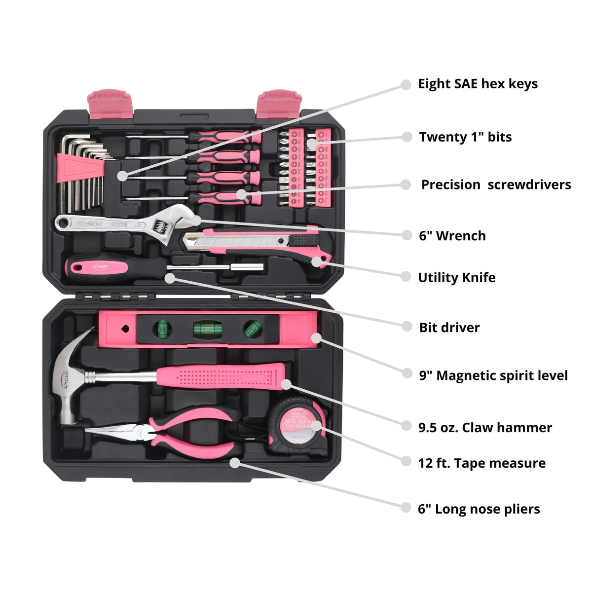 Apollo Tools New and Improved 39 Piece General Pink Tool Set in Storage Case for DIY Everyday Home Maintenance and Repairs- DT9711P