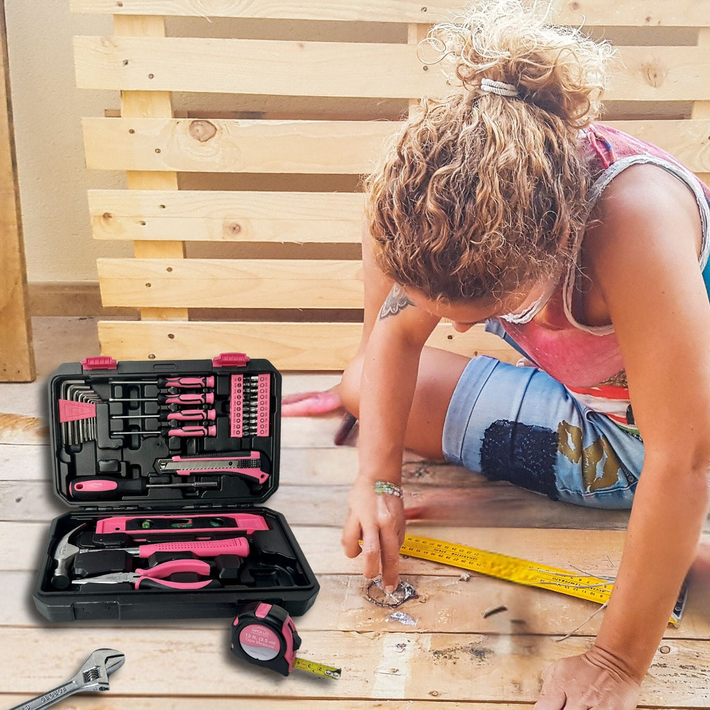 Apollo Tools New and Improved 39 Piece General Pink Tool Set in Storage Case for DIY Everyday Home Maintenance and Repairs- DT9711P