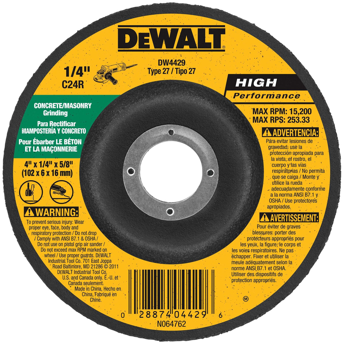 DeWalt DW4528 4-1/2" Cut Off Wheel, Concrete/Masonry, 4-1/2" X 1/8" X 7/8"