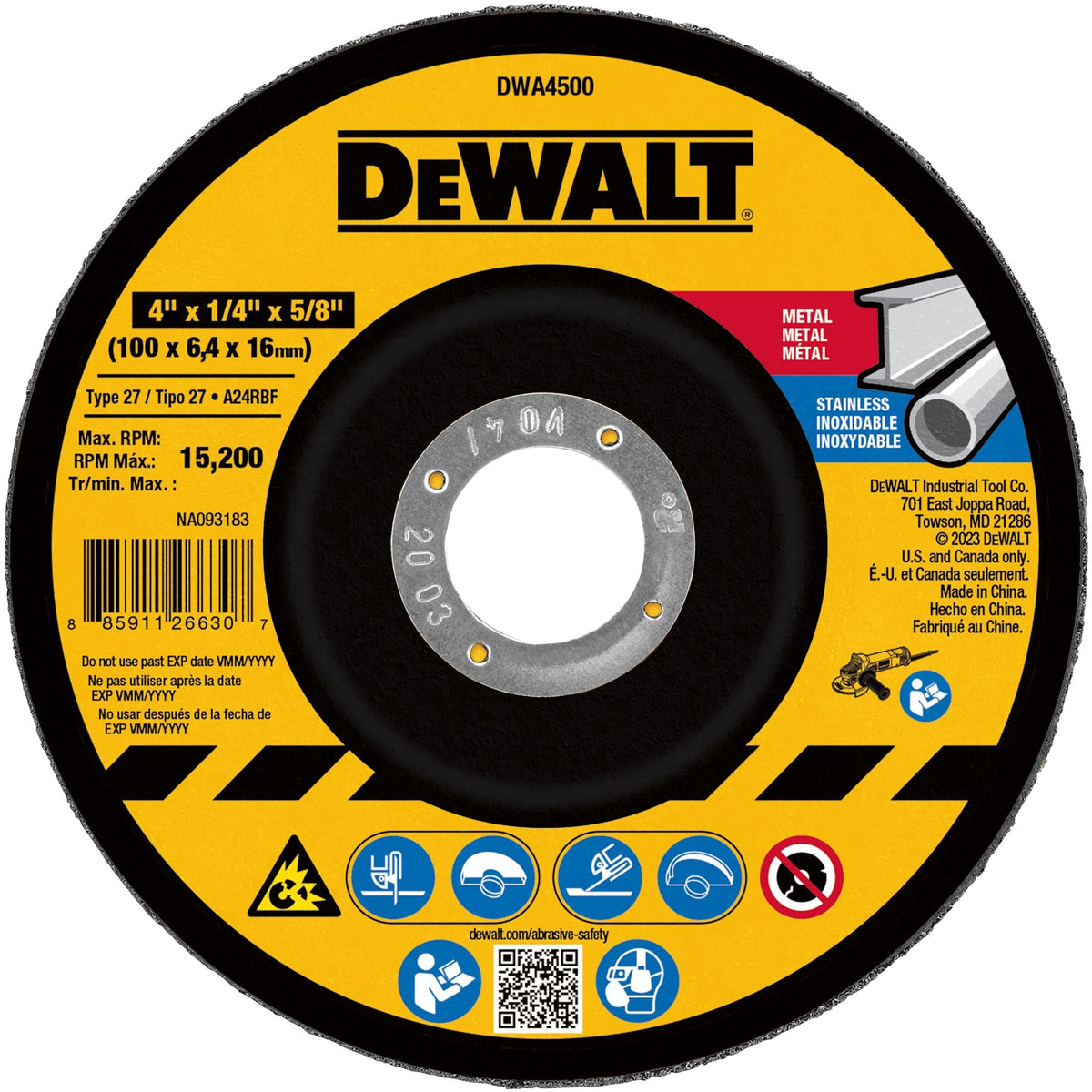 DeWalt DW4541 4-1/2” x 1/4" x 7/8" Metal & Stainless Grinding Wheel