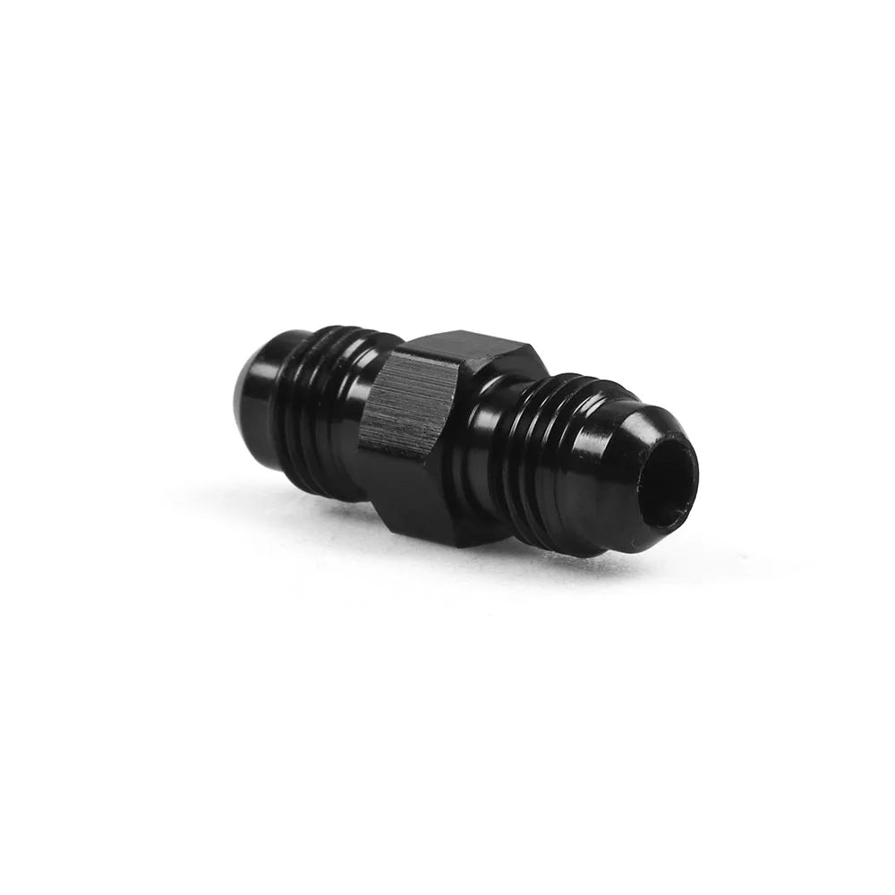 Black straight AN male flare union fitting lying on its side, showing the hex and both threads | Wrench Haus