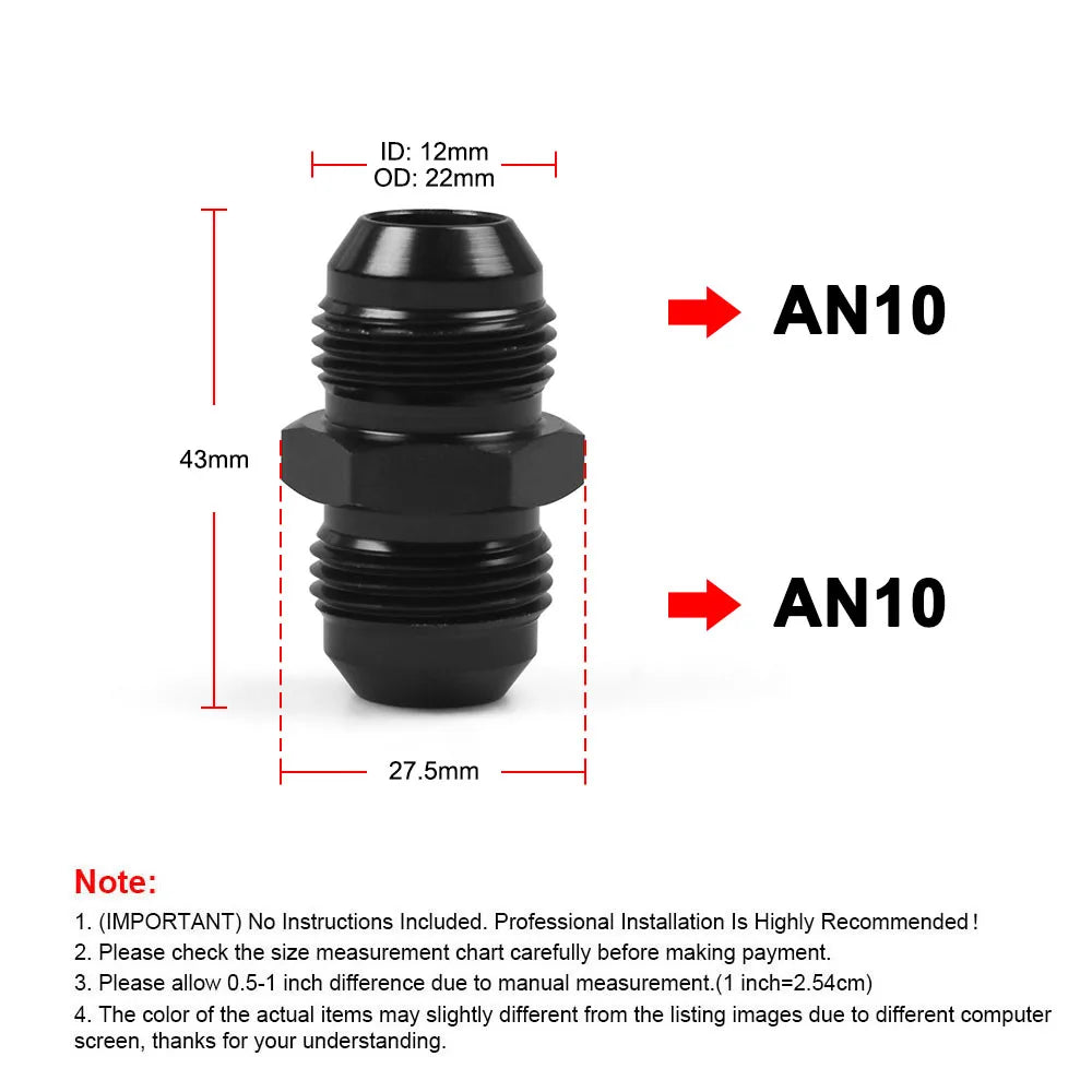 AN10 to AN10 straight union fitting size chart: 43mm length and 27.5mm hex | Wrench Haus