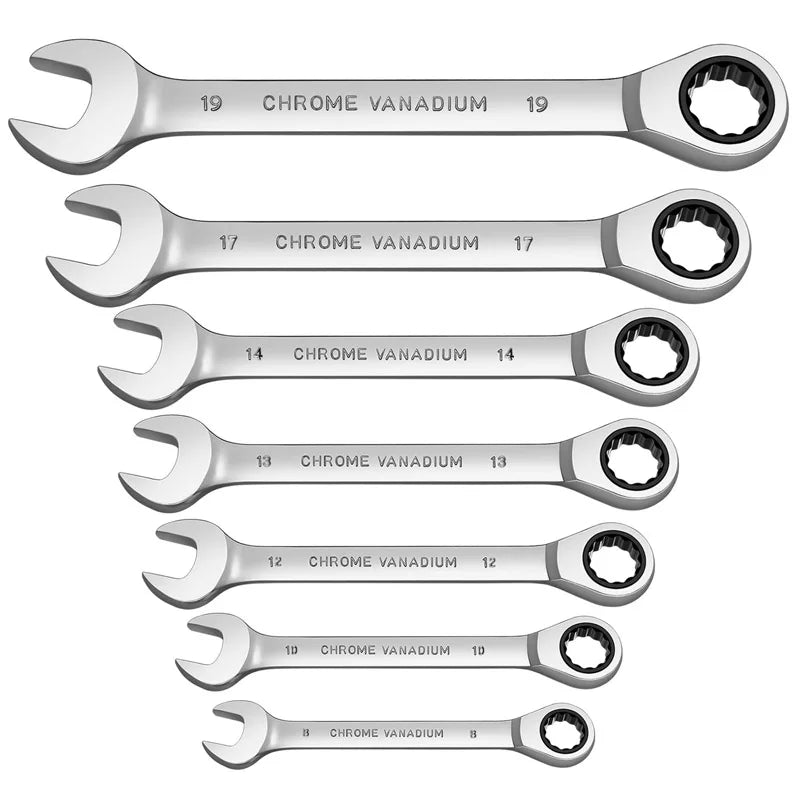12-point ratcheting combination wrench set laid out | Wrench Haus