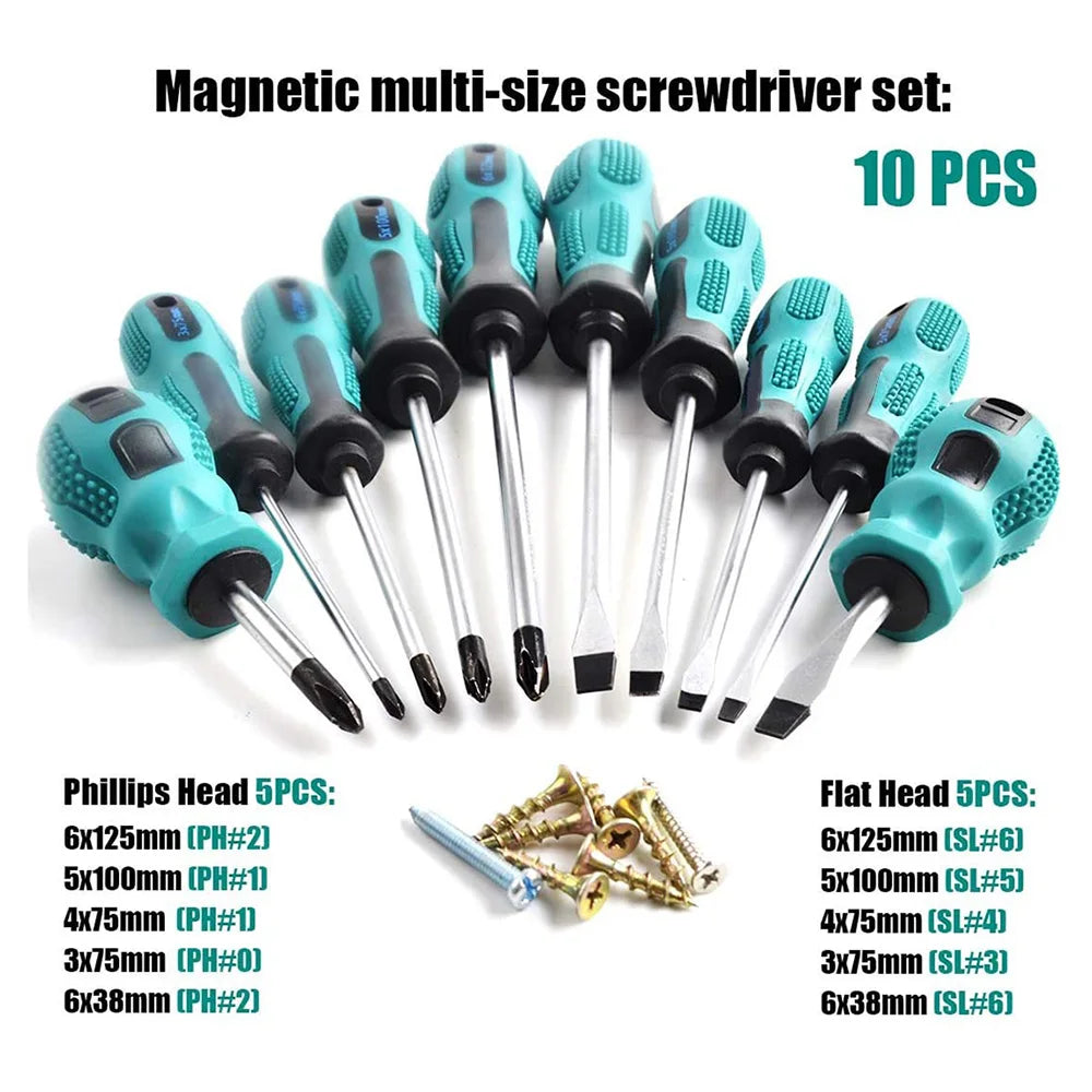 10-Piece Magnetic Precision Screwdriver Set - Spec infographic showing full Phillips and flat head size range with part numbers | Wrench Haus