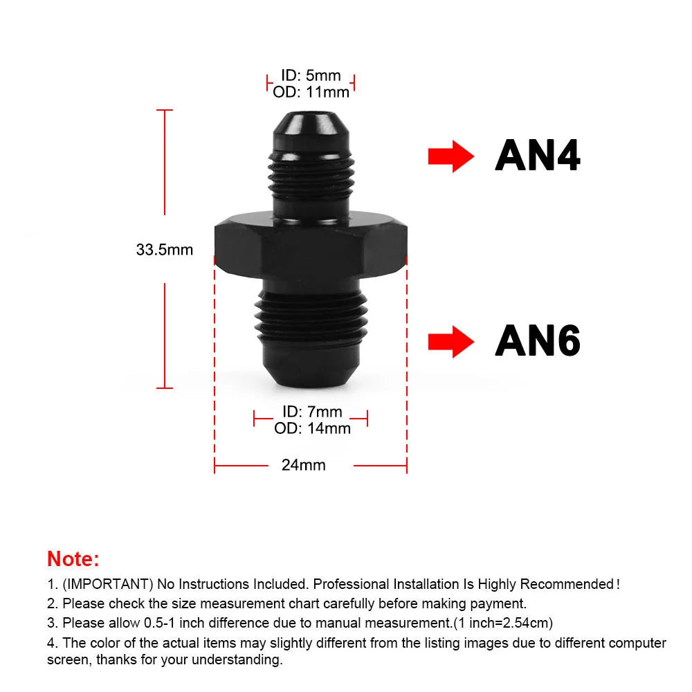 AN4 to AN6 straight reducer union size chart: 33.5mm length and 24mm hex | Wrench Haus