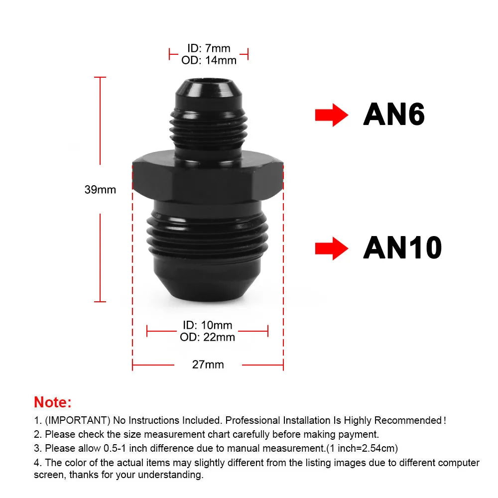 AN6 to AN10 straight reducer union size chart: 39mm length and 27mm hex | Wrench Haus