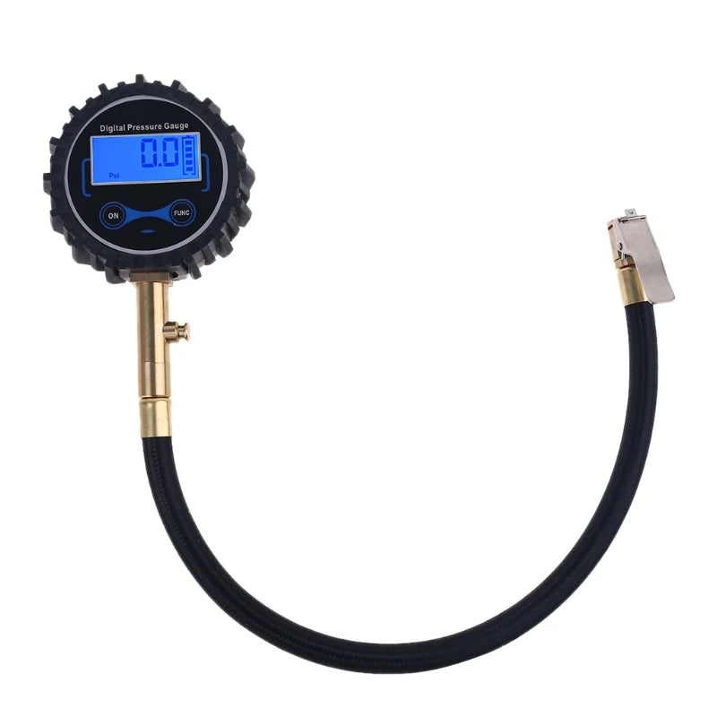 Digital Tire Pressure Gauge - Black and brass digital tire gauge with flexible hose and blue LCD display showing PSI reading | Wrench Haus