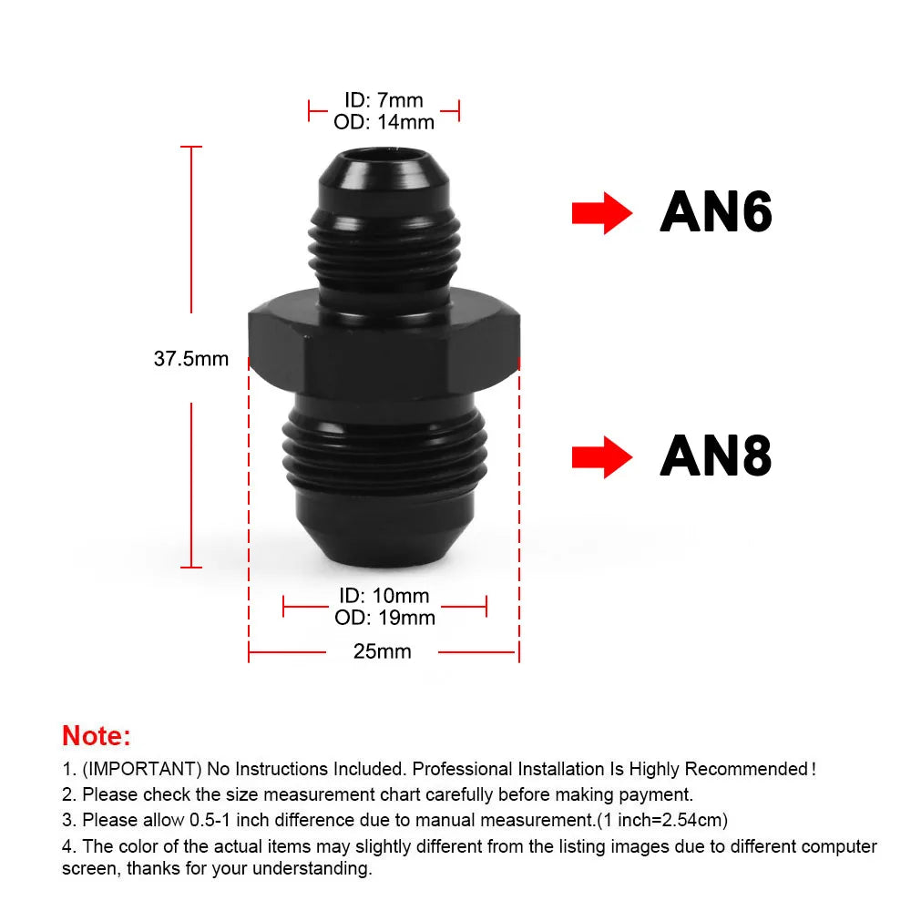 AN6 to AN8 straight reducer union size chart: 37.5mm length and 25mm hex | Wrench Haus
