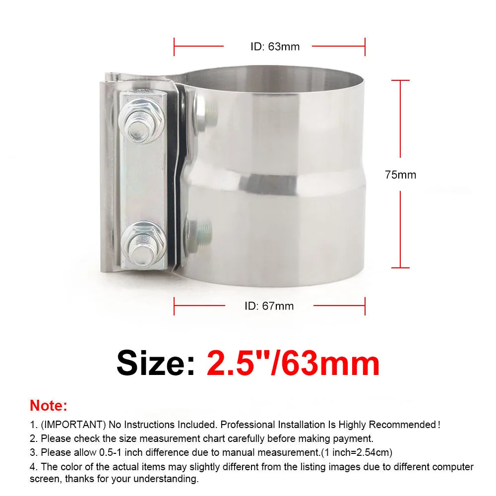 2.5 inch / 63mm butt joint band clamp with 75mm width and 63mm and 67mm ID marked | Wrench Haus