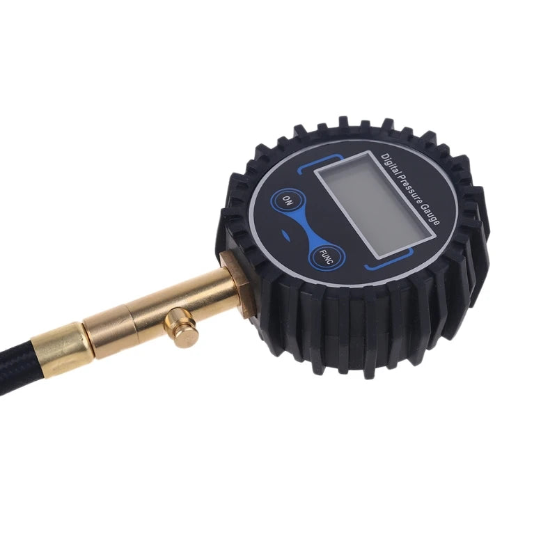Digital Tire Pressure Gauge - Top-down view of round gauge face with blue LCD digital display and knurled grip ring | Wrench Haus