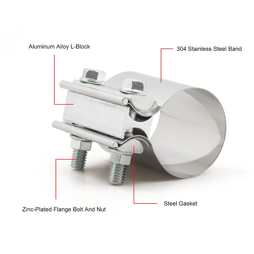 Stainless sleeve coupler band clamp parts callouts: 304 band, aluminum L-block, gasket and bolts | Wrench Haus