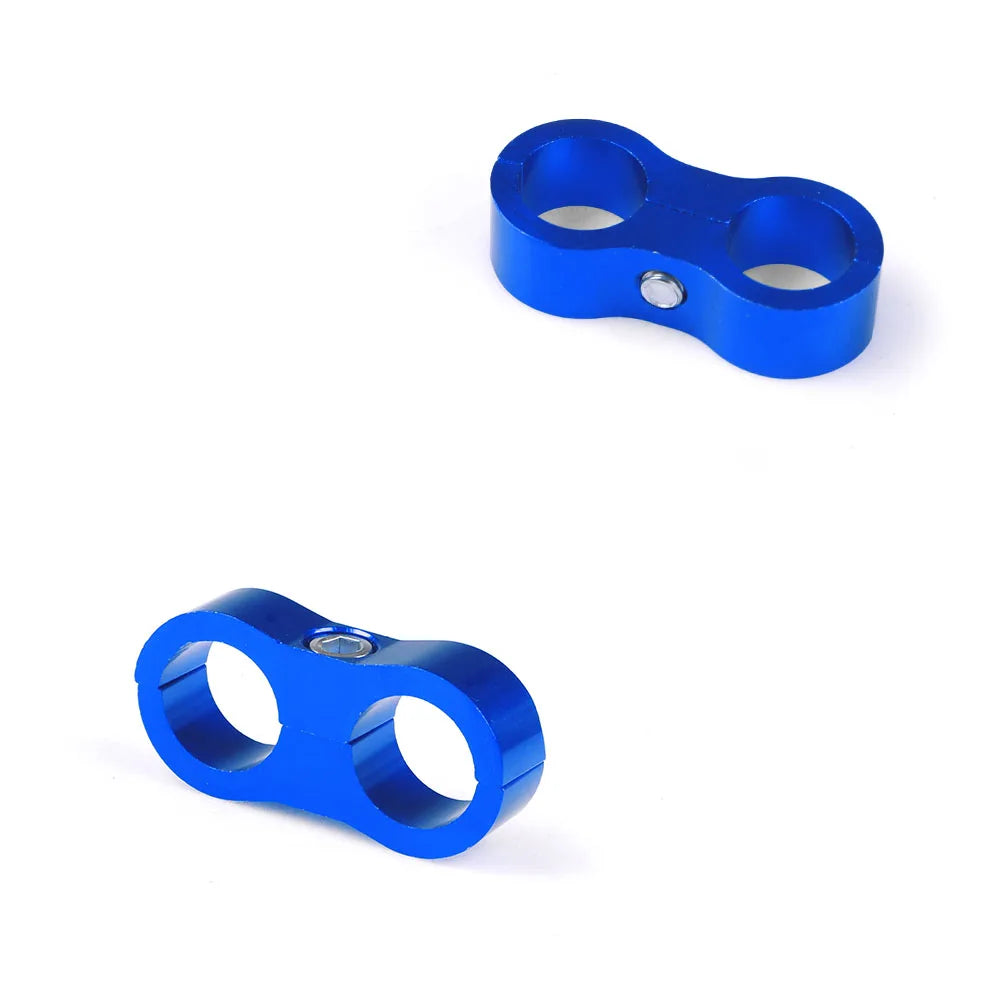 Two blue billet aluminum AN hose separator clamps shown at different angles | Wrench Haus