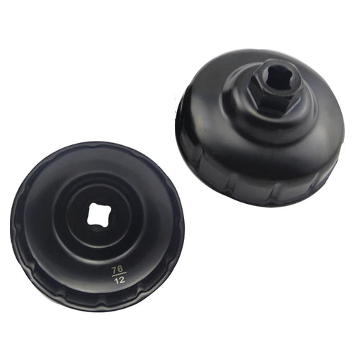 76mm Oil Filter Housing Wrench 3/8" Drive 12-Point Mercedes-Benz Renault - Two black steel 76mm oil filter cap wrenches shown side by side on white background | Wrench Haus