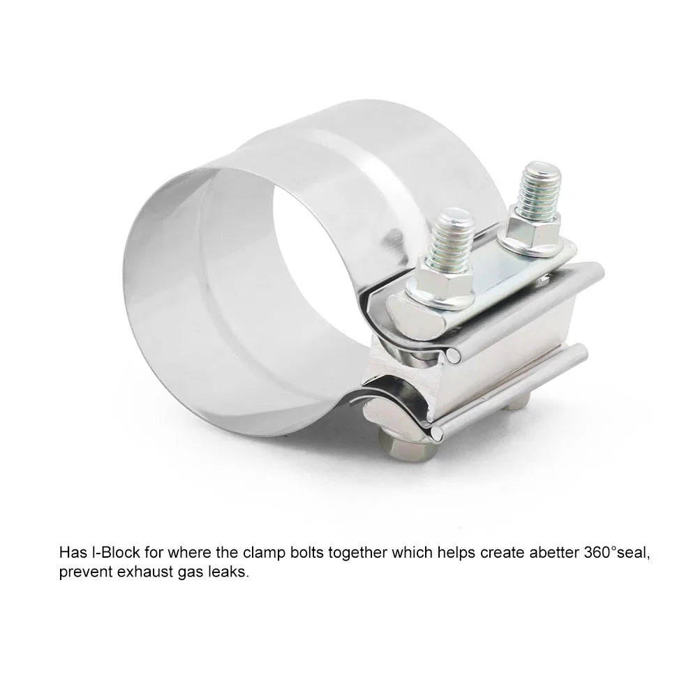 Stainless butt joint exhaust band clamp angled view showing the bolt block and band | Wrench Haus