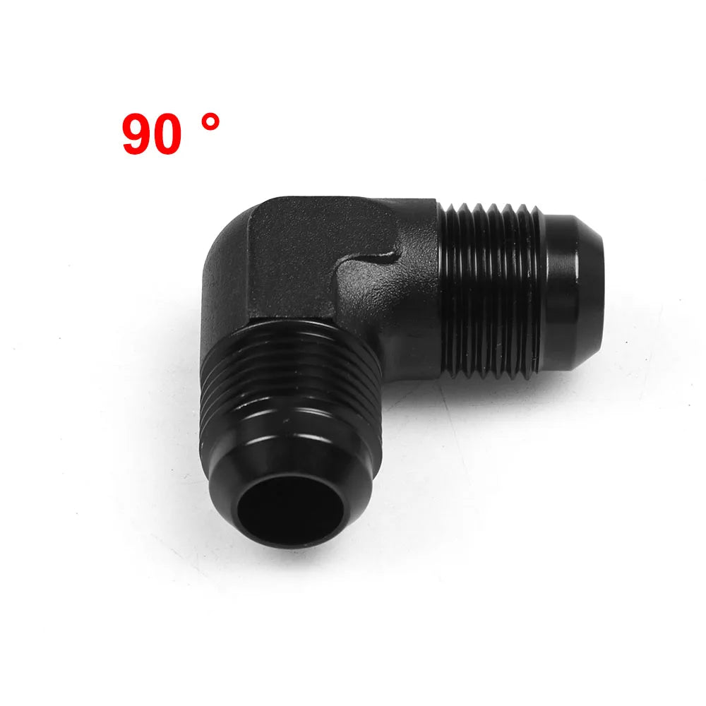 Black 90-degree AN male flare union elbow fitting angled to show both flare ends | Wrench Haus