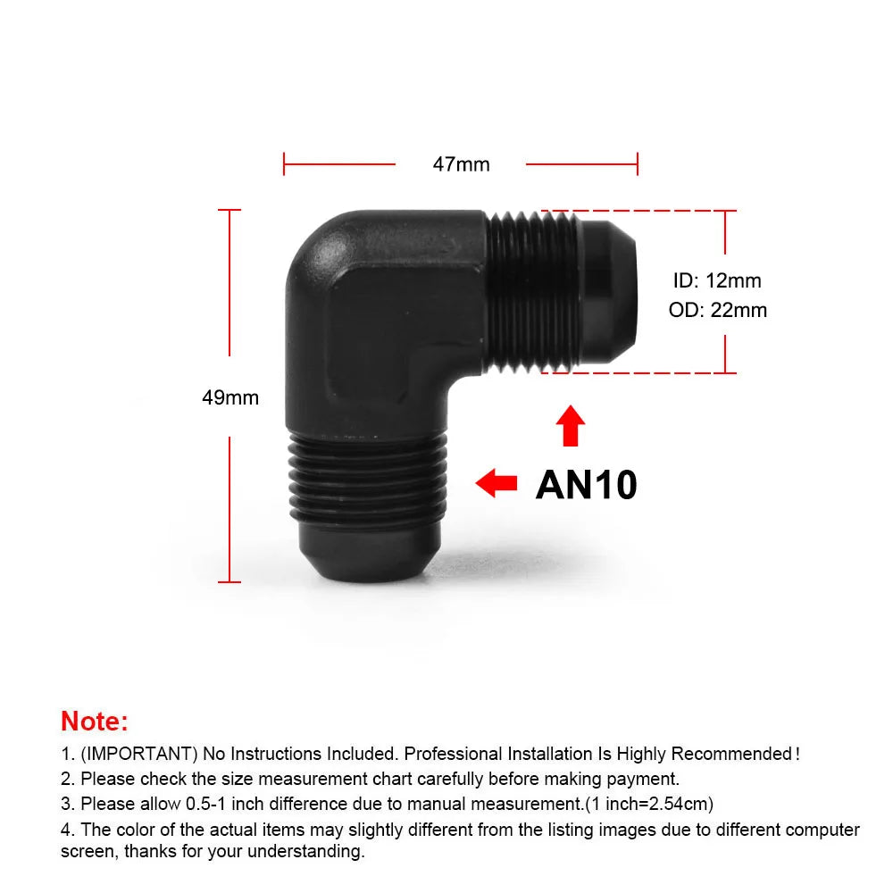 AN10 90-degree union fitting size chart: 47mm by 49mm with 12mm ID and 22mm OD | Wrench Haus