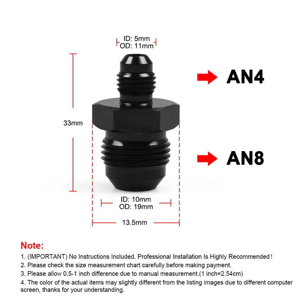 AN4 to AN8 straight reducer union size chart with 5mm and 10mm inner diameters | Wrench Haus