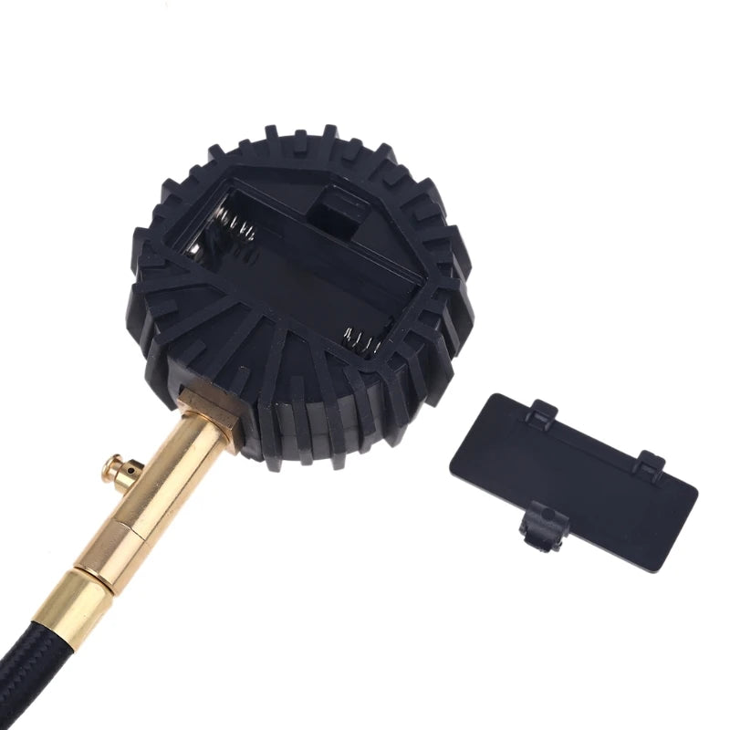 Digital Tire Pressure Gauge - Close-up of brass valve chuck and battery compartment on gauge body | Wrench Haus