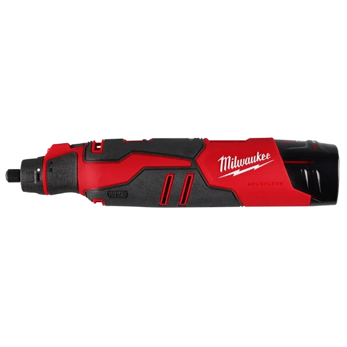 Milwaukee 2525-21 M12 Brushless Rotary Tool Kit - red M12 brushless rotary tool, side view