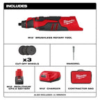 Milwaukee 2525-21 M12 Brushless Rotary Tool Kit - rotary tool kit contents with battery and charger