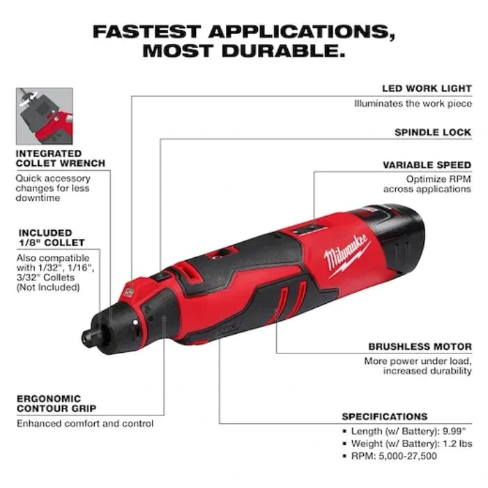 Milwaukee 2525-21 M12 Brushless Rotary Tool Kit - rotary tool feature graphic
