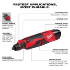 Milwaukee 2525-21 M12 Brushless Rotary Tool Kit - rotary tool feature graphic