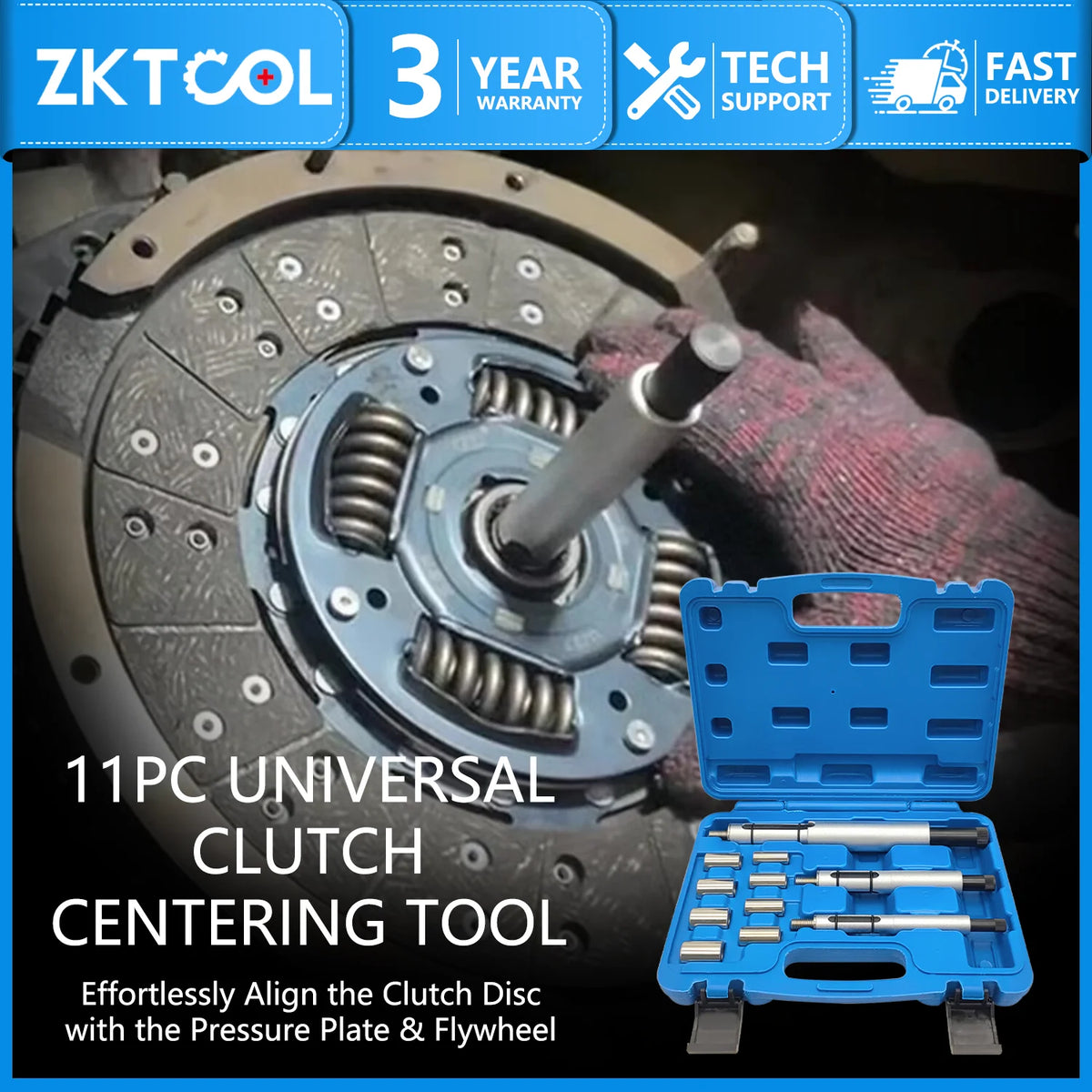 11-piece universal clutch alignment tool kit shown centering a clutch disc, with blue case inset | Wrench Haus