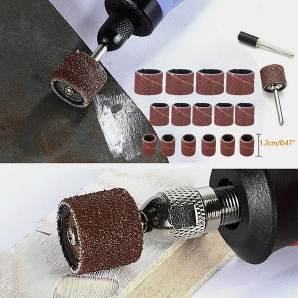 Set of sanding drums and attachments for a rotary tool on a white background.