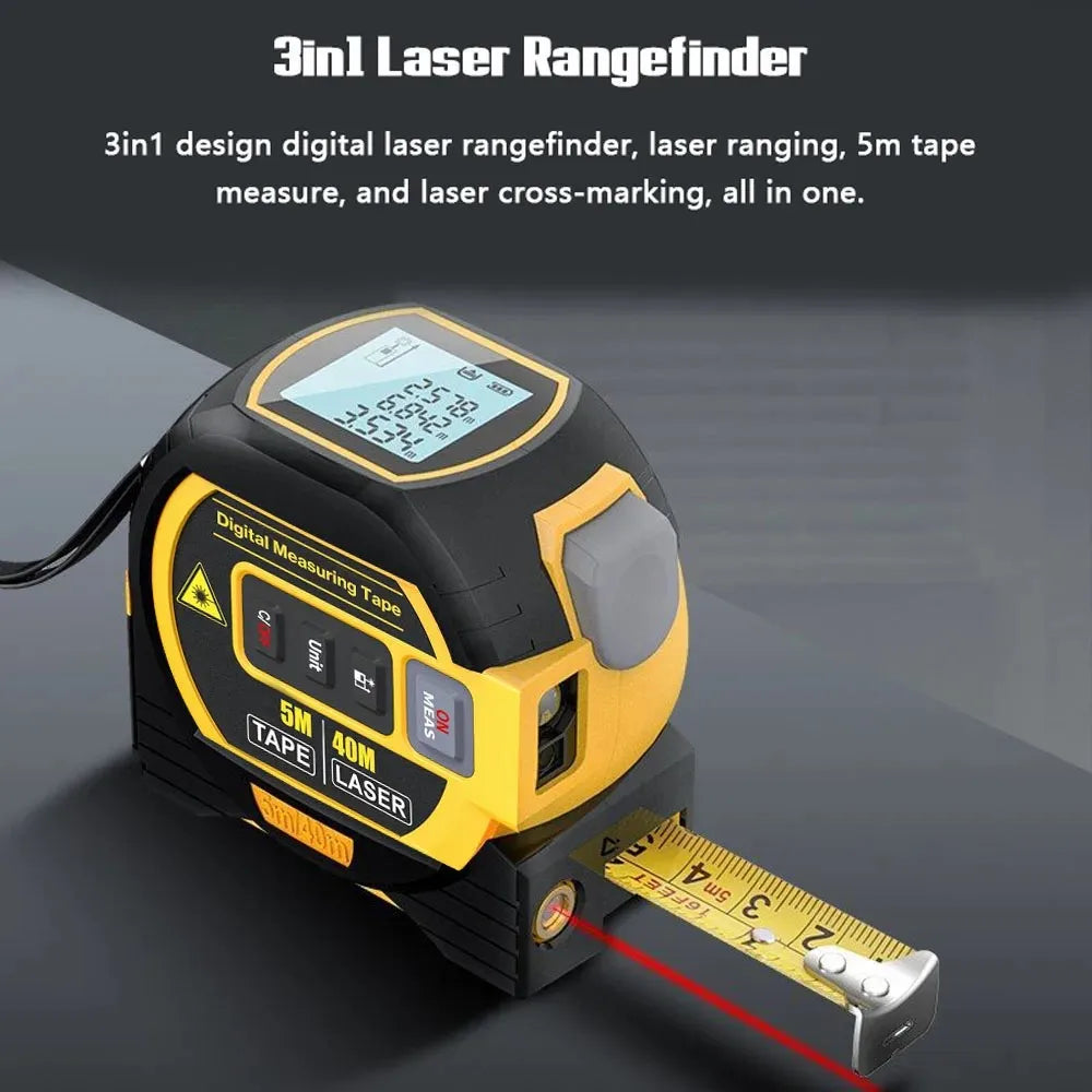 3-in-1 Laser Rangefinder Digital Tape Measure - Feature overview showing laser ranging, tape measure, and digital display functions | Wrench Haus