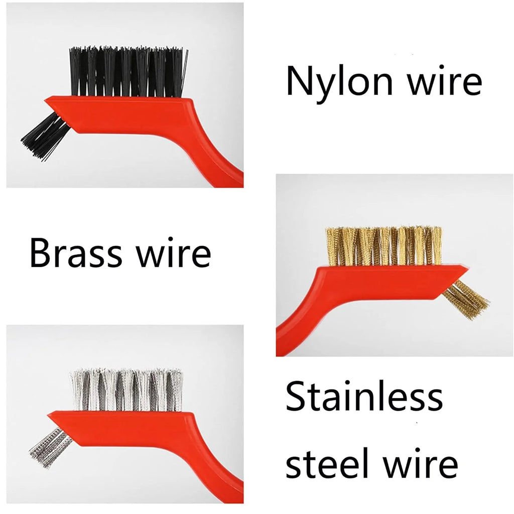 Wire Brush Set - Nylon wire, brass wire, and stainless steel wire brush types labeled side by side | Wrench Haus