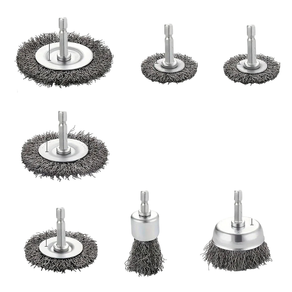 Wire Brush Wheel Set - Complete set of stainless steel cup and wheel brushes with hex shanks on white background | Wrench Haus