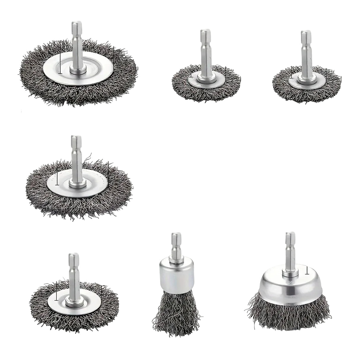 Wire Brush Wheel Set - Complete set of stainless steel cup and wheel brushes with hex shanks on white background | Wrench Haus