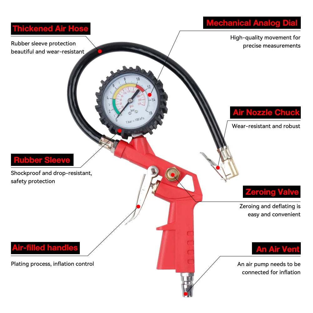 Tire pressure gauge inflating a tire with hose