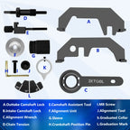 BMW N62/N73 camshaft locking tool components labeled A to L: cam locks, alignment wrench, sleeve and pins | Wrench Haus