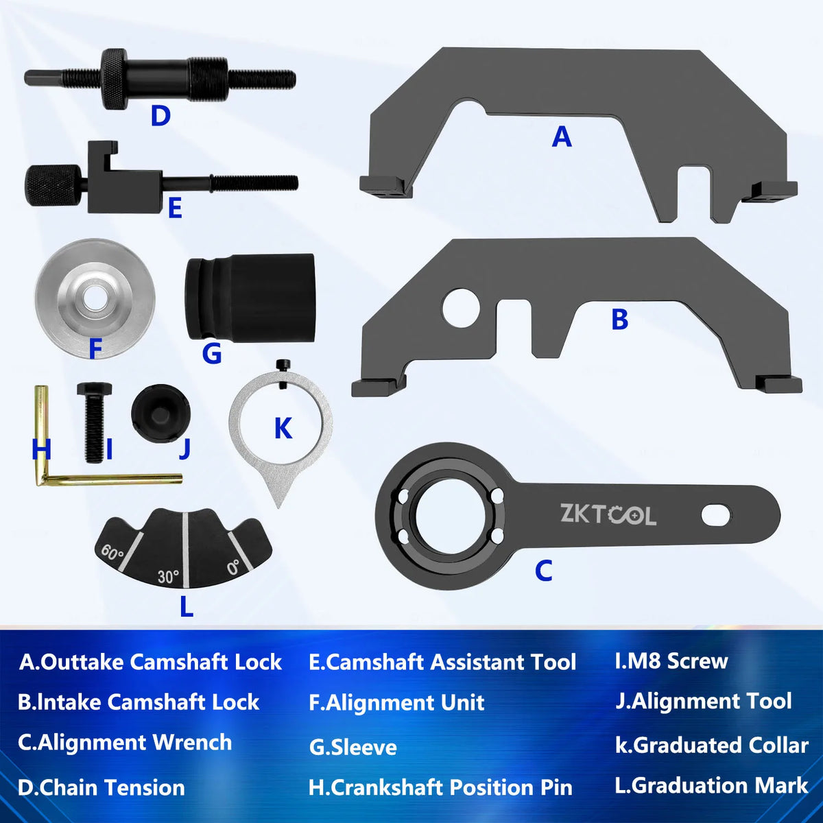 BMW N62/N73 camshaft locking tool components labeled A to L: cam locks, alignment wrench, sleeve and pins | Wrench Haus