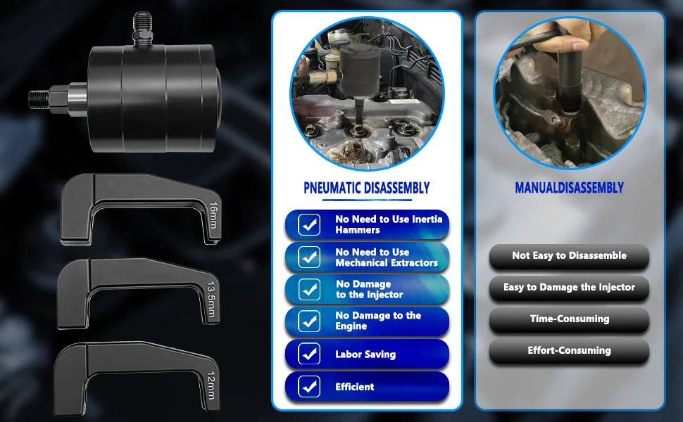 Pneumatic vs manual injector disassembly comparison beside the forked puller plates | Wrench Haus