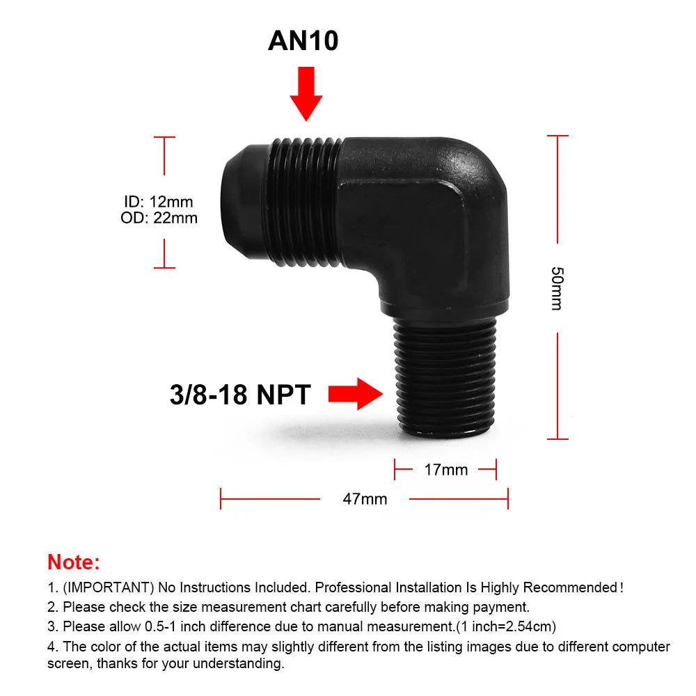 AN10 to 3/8-18 NPT 90-degree adapter fitting size chart, 47mm by 50mm | Wrench Haus