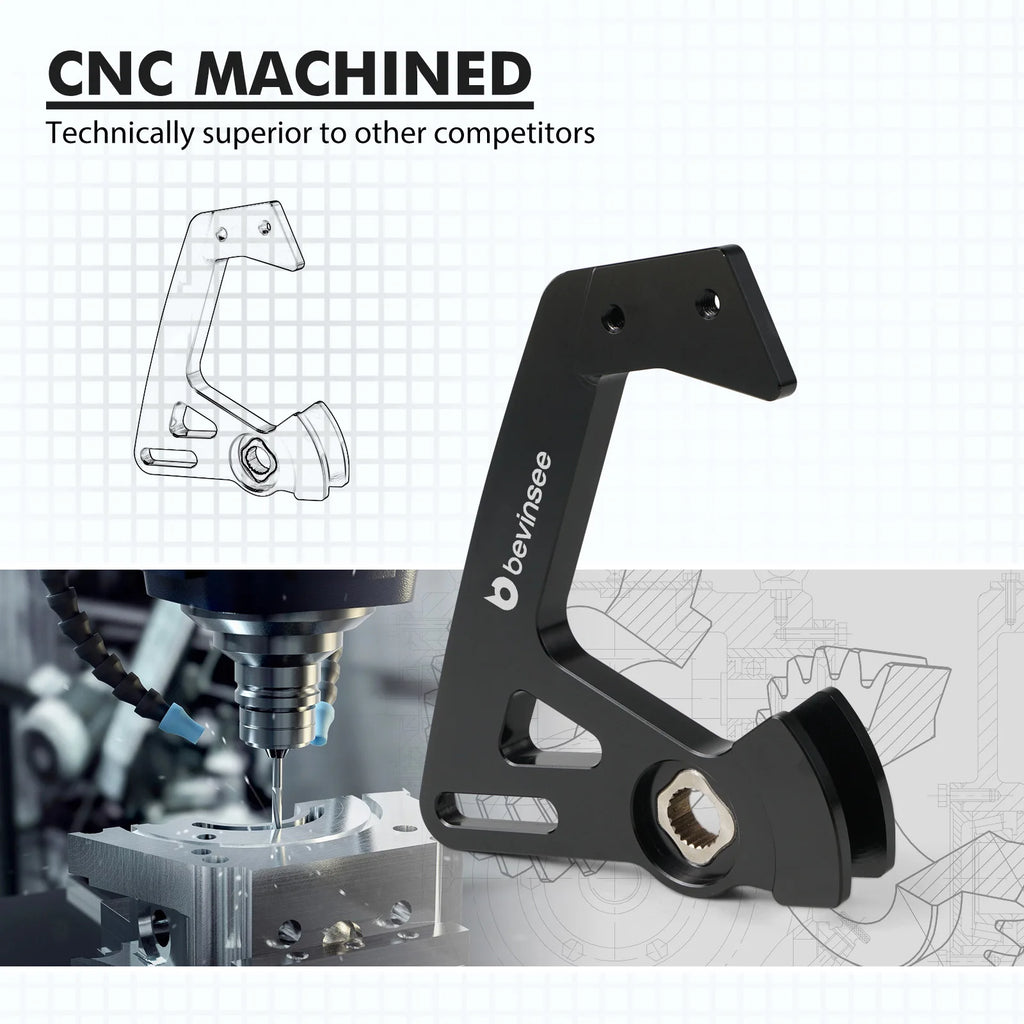 Black CNC-machined adjustable short shifter arm with a machining center and line drawing behind | Wrench Haus