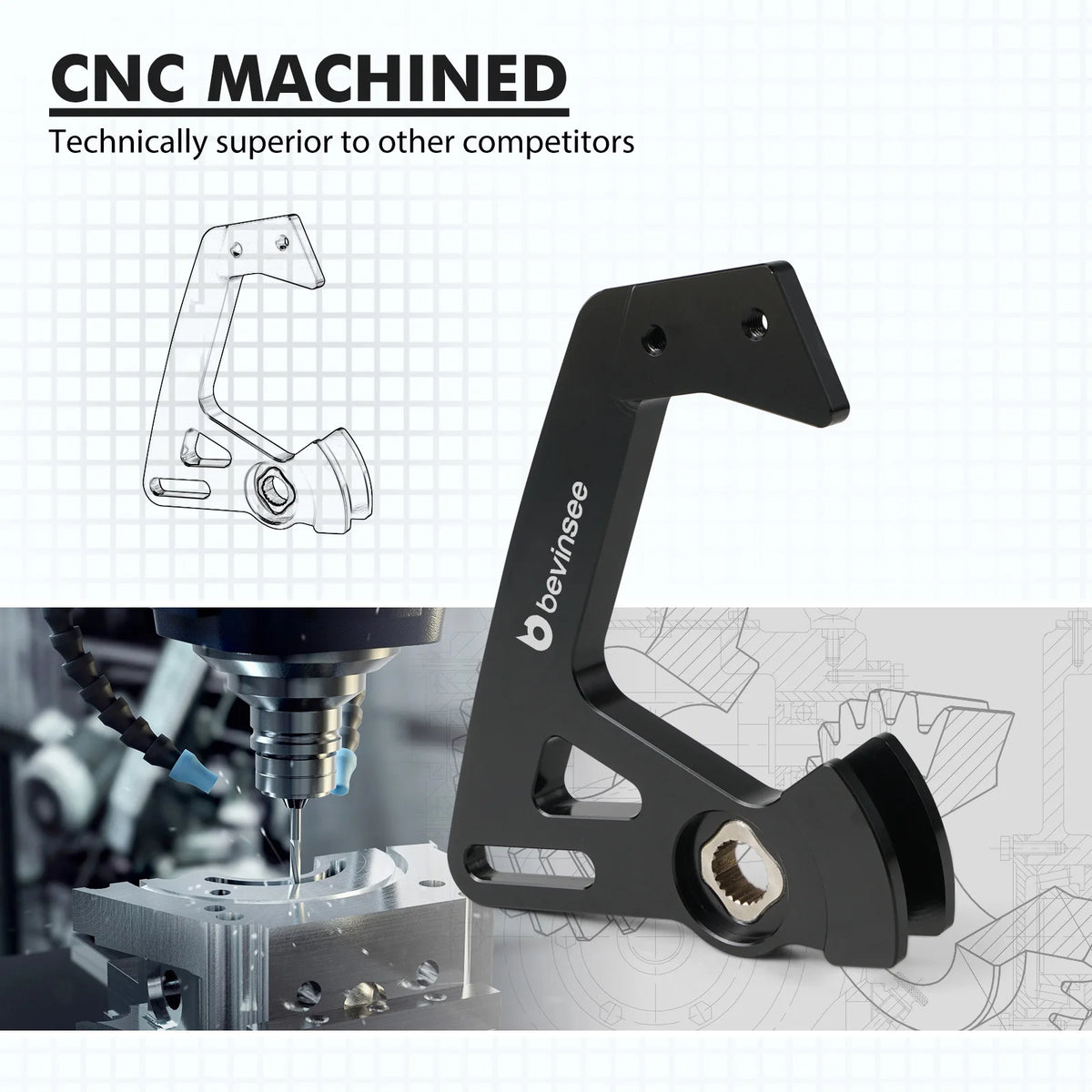 Black CNC-machined adjustable short shifter arm with a machining center and line drawing behind | Wrench Haus
