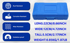 Closed blue case of the strut nut sleeve set, 22x12x5.5 cm and 0.85 kg, with material icons | Wrench Haus