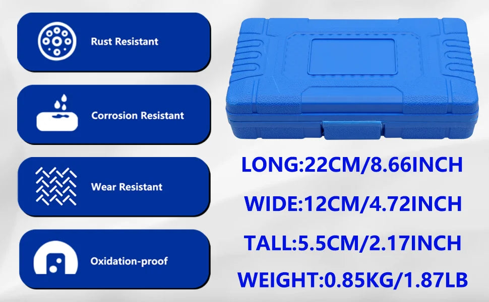 Closed blue case of the strut nut sleeve set, 22x12x5.5 cm and 0.85 kg, with material icons | Wrench Haus