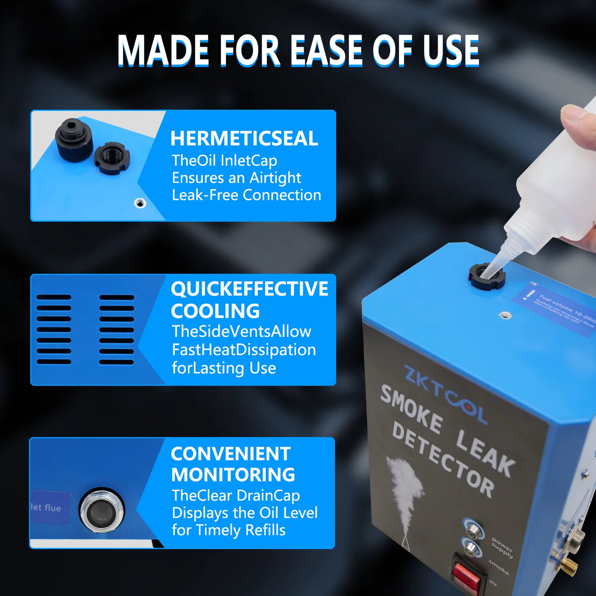 Smoke leak detector features: hermetic oil inlet cap, side cooling vents and clear oil level drain cap | Wrench Haus