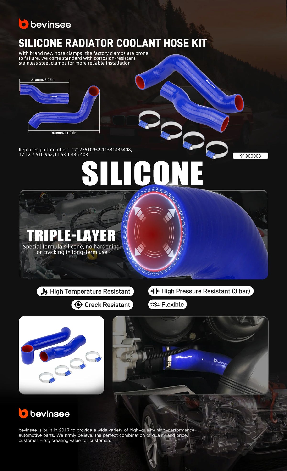 Silicone radiator hose kit infographic, blue version with triple-layer cross-section | Wrench Haus
